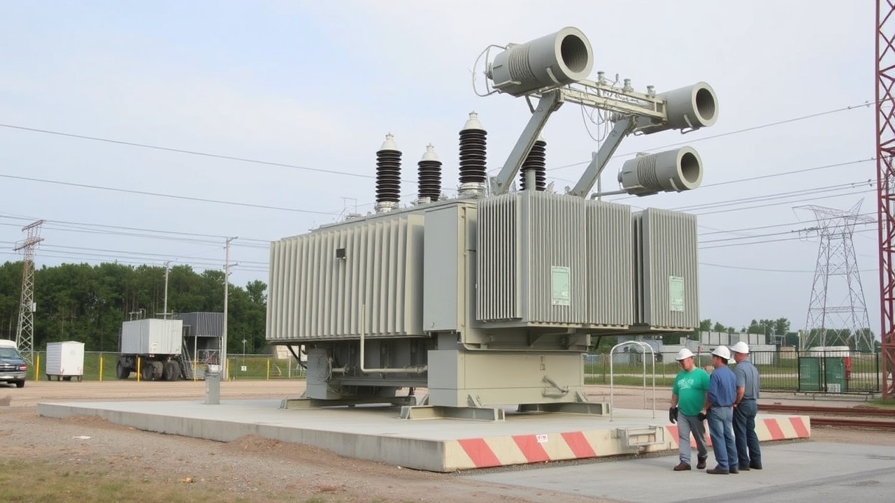 A large power transformer rests on a concrete pad with two workers wearing hard hats nearby