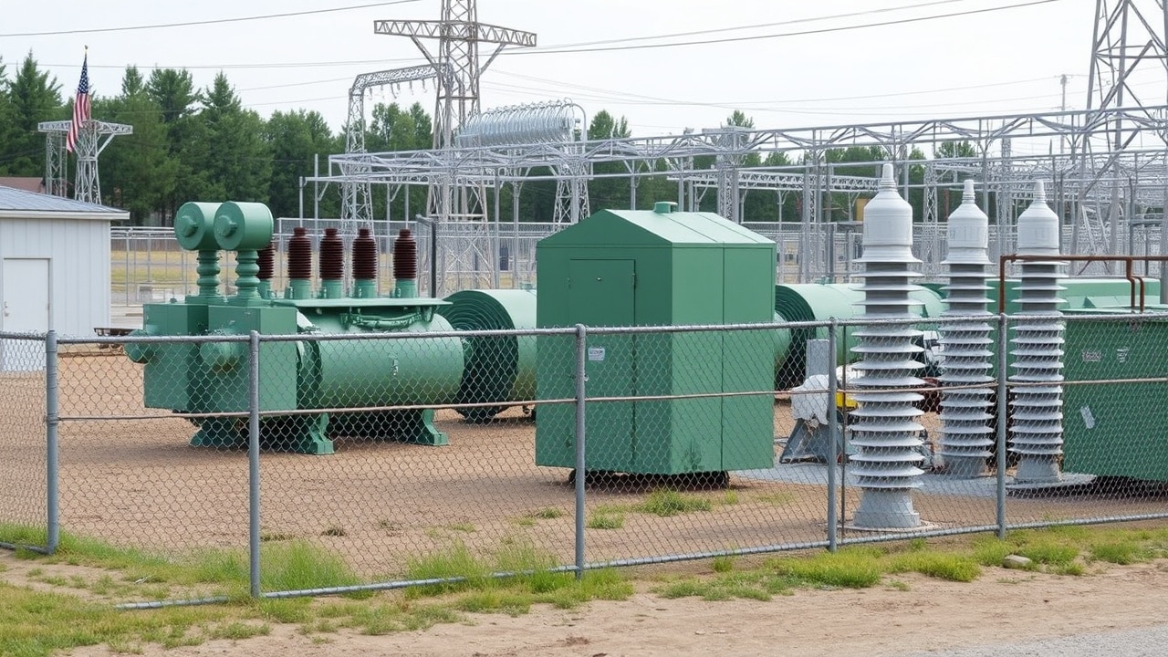 A fenced substation yard shows several green-painted transformers and insulated insulators.