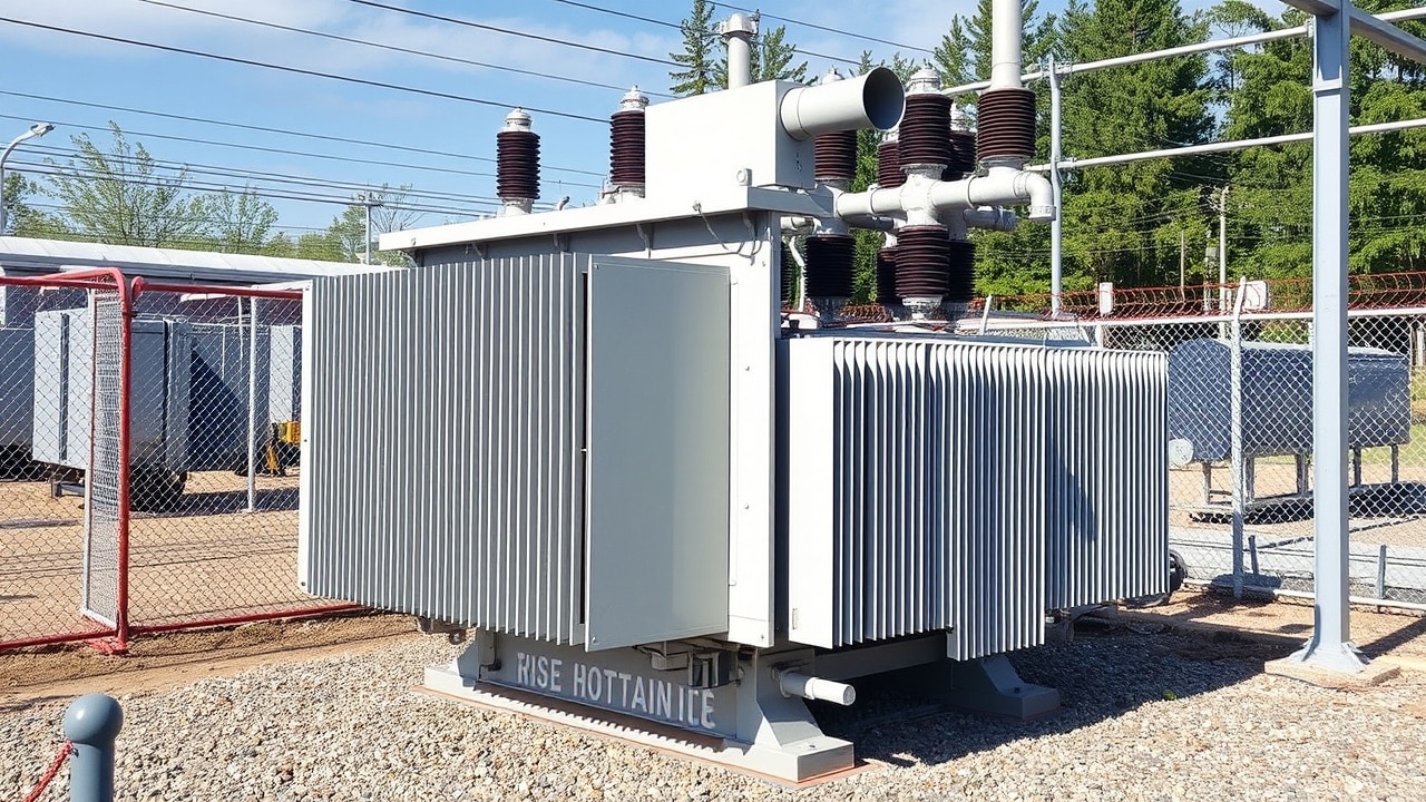 A large oil-filled transformer with cooling fins and pipes in a fenced substation yard
