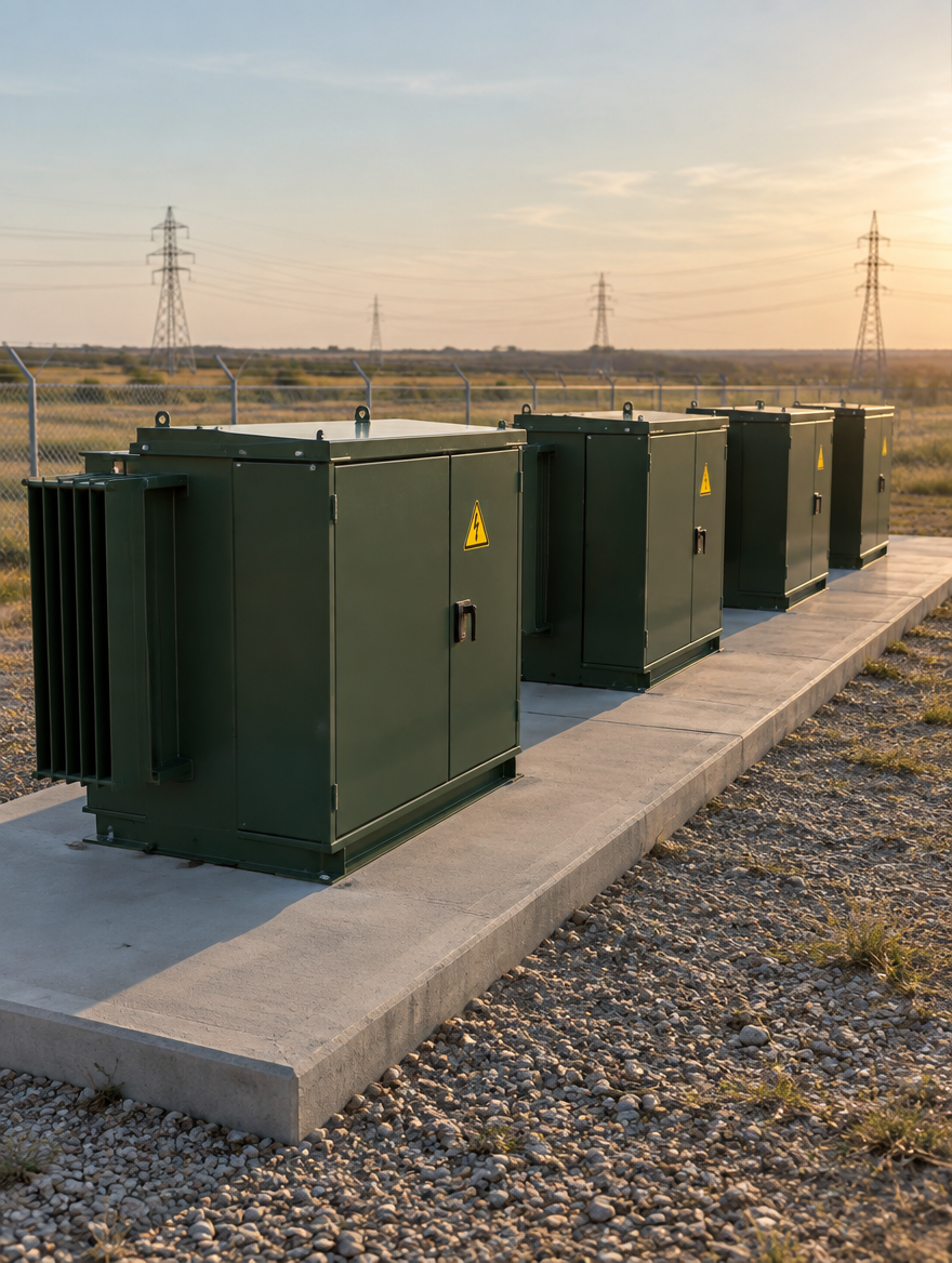 Row of BixBit padmount transformers on a concrete pad at an energy site