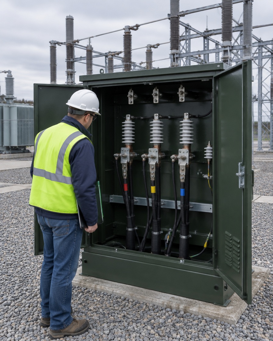 Technician inspecting an open padmount transformer